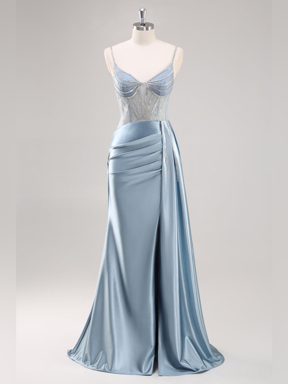 Elegant Light Blue Satin Formal (prom, wedding) Dress with Beaded Sheer Bodice10